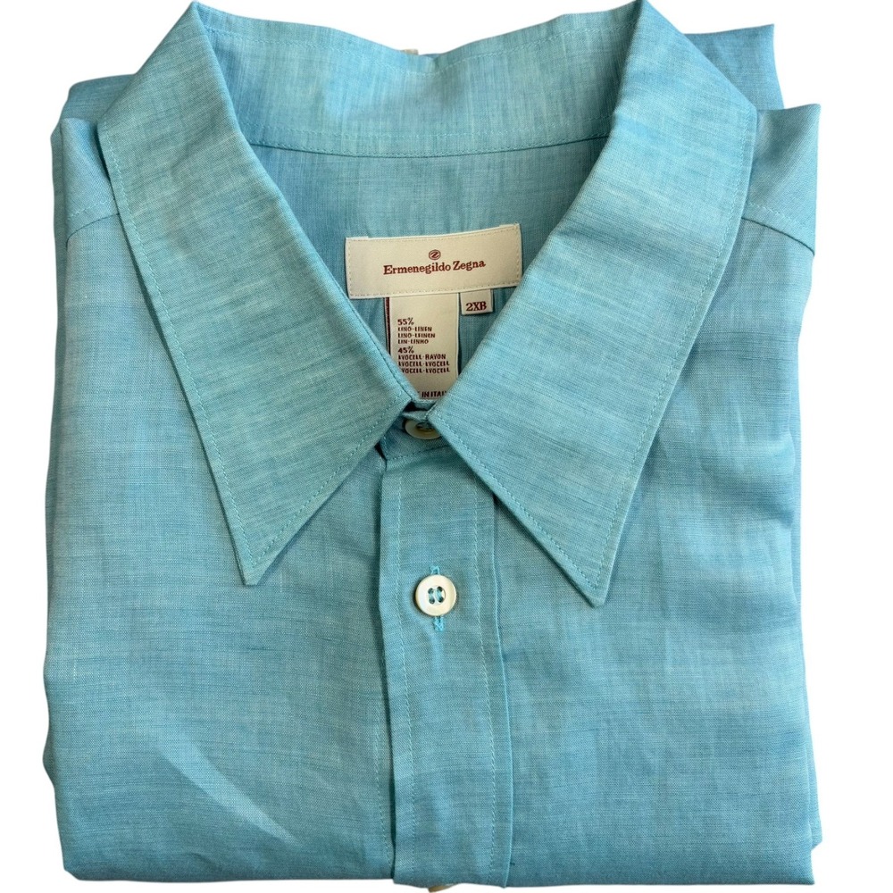 Ermenegildo Zegna Linen Blend Dress Shirt Mens 2XL Big Aqua Blue Long Sleeve NEW